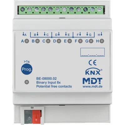 MDT Binäreingang BE-08000.02 | KNX 8-fach | REG 4TE | potentialfrei | LED-Anzeige | max. 100m Leitung | IP20 | gepulst