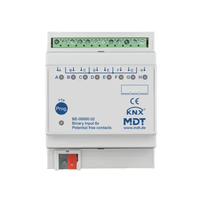 MDT Binäreingang BE-08000.02 | KNX 8-fach | REG 4TE | potentialfrei | LED-Anzeige | max. 100m Leitung | IP20 | gepulst