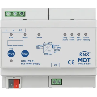 MDT KNX Busspannungsversorgung STC-1280.01 | 1280 mA | 6TE REG | Diagnosefunktion | integrierte Drossel | LED | 230 V