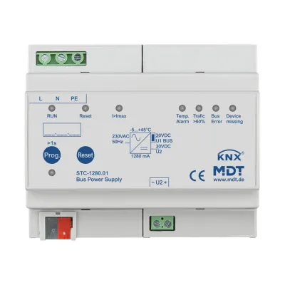 MDT KNX Busspannungsversorgung STC-1280.01 | 1280 mA | 6TE REG | Diagnosefunktion | integrierte Drossel | LED | 230 V