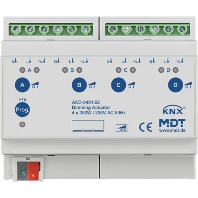 MDT Dimmaktor AKD-0401.02 | KNX 4-fach | 250W | 230V AC | LED/Halogen | Phasenan/-abschnitt | IP20