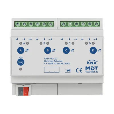 MDT Dimmaktor AKD-0401.02 | KNX 4-fach | 250W | 230V AC | LED/Halogen | Phasenan/-abschnitt | IP20