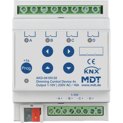 MDT Dimmaktor AKD-0410V.02 | KNX 4-fach REG 4TE | 1-10V | RGBW | LED-Anzeige | Handbedienung | max. 16A | IP20