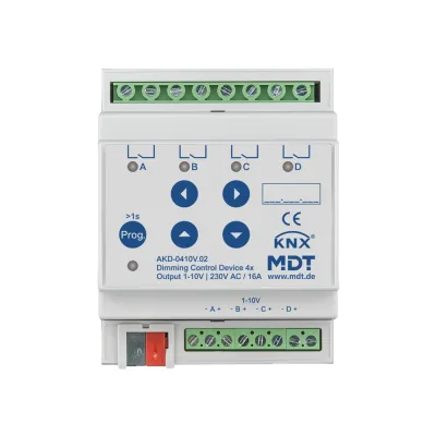MDT Dimmaktor AKD-0410V.02 | KNX 4-fach REG 4TE | 1-10V | RGBW | LED-Anzeige | Handbedienung | max. 16A | IP20