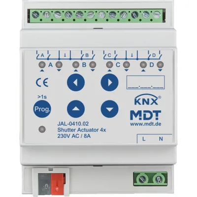 MDT Jalousieaktor JAL-0410.02 | KNX 4-fach | 4TE REG | 10A | 230V AC | Handbedienung | LED-Anzeige | Sonnenschutz | IP20