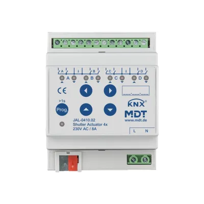MDT Jalousieaktor JAL-0410.02 | KNX 4-fach | 4TE REG | 10A | 230V AC | Handbedienung | LED-Anzeige | Sonnenschutz | IP20