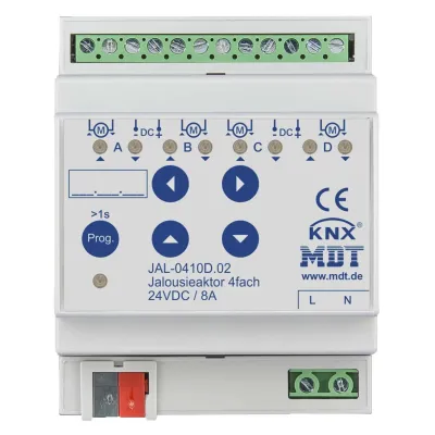 MDT Jalousieaktor JAL-0410D.02 | KNX REG | 4-fach | 8A | 24V DC | für Jalousie/Rollladen | LED-Anzeige
