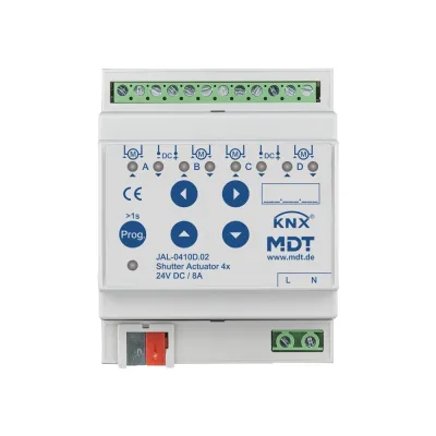 MDT Jalousieaktor JAL-0410D.02 | KNX REG | 4-fach | 8A | 24V DC | für Jalousie/Rollladen | LED-Anzeige
