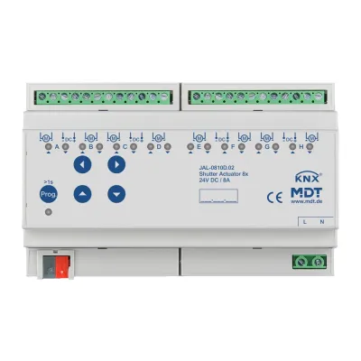 MDT Jalousieaktor JAL-0810D.02 | KNX REG 8-fach | 24V DC | 8A | für Rollladen & Jalousien | Sonnenstandsautomatik