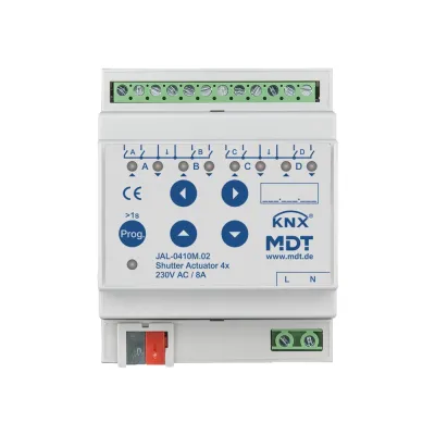 MDT Jalousieaktor JAL-0410M.02 | KNX 4-fach | REG 4TE | 10A 230V AC | Fahrzeitmessung | Handbedienung | LED-Anzeige