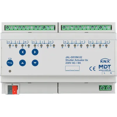 MDT Jalousieaktor JAL-0810M.02 KNX 8-fach | Fahrzeitmessung | REG | 8TE | 8A | 230V AC | Sonnenstandsberechnung