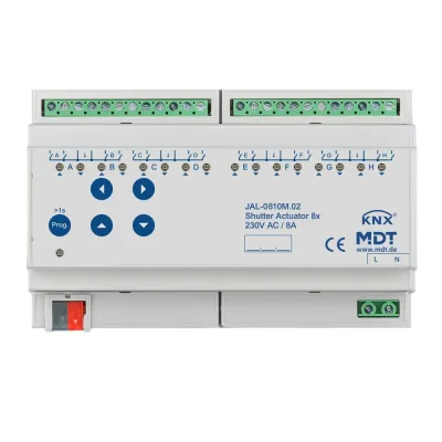MDT Jalousieaktor JAL-0810M.02 KNX 8-fach | Fahrzeitmessung | REG | 8TE | 8A | 230V AC | Sonnenstandsberechnung