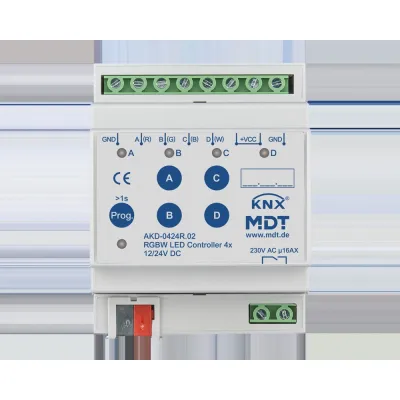 MDT LED Controller AKD-0424R.02 | KNX Dimmaktor 4-Kanal 4/8A | RGBW | 12–24V | REG | 4TE | Tunable White | 96W | IP20
