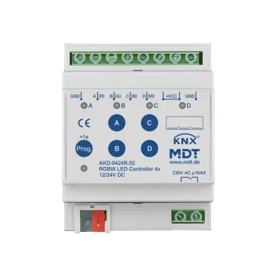 MDT LED Controller AKD-0424R.02 | KNX Dimmaktor 4-Kanal 4/8A | RGBW | 12–24V | REG | 4TE | Tunable White | 96W | IP20