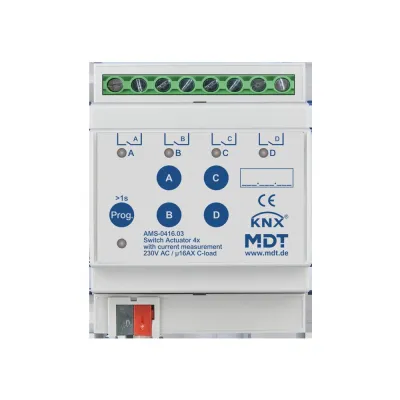 MDT Schaltaktor KNX AMS-0416.03 | 4-fach REG 4TE | 16A 230V AC | C-Last | Strommessung | Handbetrieb | LED-Anzeige