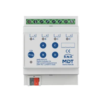 MDT Schaltaktor KNX AMS-0416.03 | 4-fach REG 4TE | 16A 230V AC | C-Last | Strommessung | Handbetrieb | LED-Anzeige