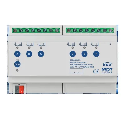 MDT Schaltaktor KNX AZI-0616.03 | 6-fach | REG 8TE | 16A 230V AC | C-Last | Wirkleistungszähler | Handbedienung