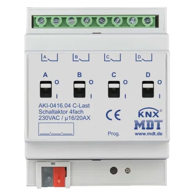 MDT Schaltaktor AKI-0416.04 | KNX REG 4-fach 4TE | 16/20A 230V AC | C-Last Industrie | 3680W | Handbedienung | IP20