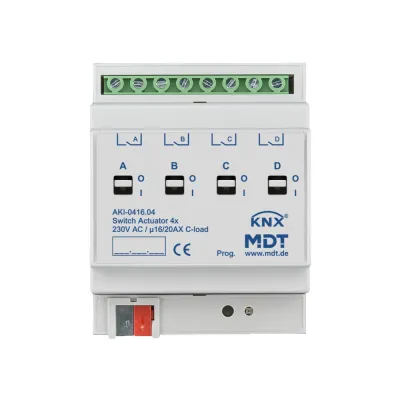 MDT Schaltaktor AKI-0416.04 | KNX REG 4-fach 4TE | 16/20A 230V AC | C-Last Industrie | 3680W | Handbedienung | IP20
