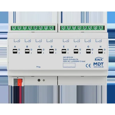MDT Schaltaktor AKI-0816.04 | KNX 8-fach REG 8TE | 16/20A | 230V AC | C-Last Industrie | 3680W | getrennte L-Anschlüsse