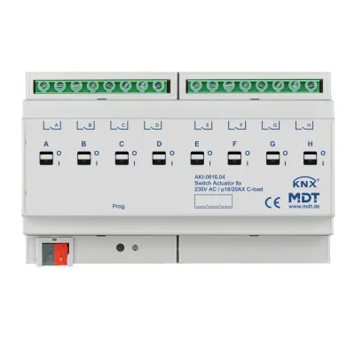 MDT Schaltaktor AKI-0816.04 | KNX 8-fach REG 8TE | 16/20A | 230V AC | C-Last Industrie | 3680W | getrennte L-Anschlüsse