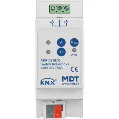 MDT Schaltaktor AKK-0216.03 | KNX | 2-fach | 2TE REG | 16A | 230V AC | Handbedienung | LED-Anzeige | kompakt