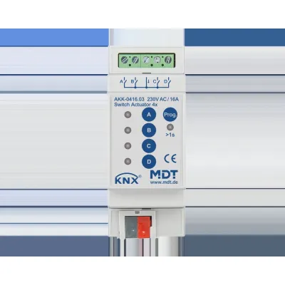 MDT Schaltaktor AKK-0416.03 | KNX REG 4-fach | 2TE | 16A | 230V AC | kompakt | Handbedienung | LED-Anzeige | IP20