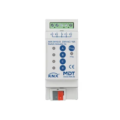 MDT Schaltaktor AKK-0416.03 | KNX REG 4-fach | 2TE | 16A | 230V AC | kompakt | Handbedienung | LED-Anzeige | IP20