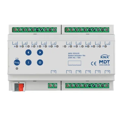 MDT Schaltaktor AKK-1616.03 | KNX REG 16-fach | 16A | 230V AC | 8TE | bistabil | Handbedienung | LED je Kanal | kompakt