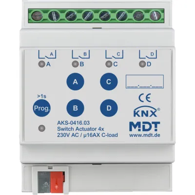 MDT Schaltaktor KNX AKS-0416.03 | 4-fach | REG 4TE | 16A | 230V AC | C-Last | 2500W | manuell sperrbar | LED je Kanal