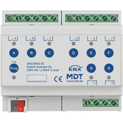 MDT Schaltaktor KNX AKS-0816.03 | 8-fach | REG 6TE | 16A | 230V AC | C-Last | 140µF | Handbedienung | LED-Anzeige | IP20