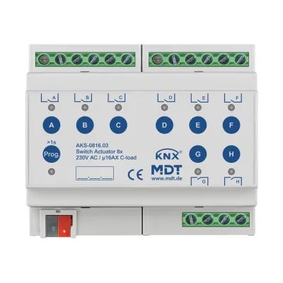 MDT Schaltaktor KNX AKS-0816.03 | 8-fach | REG 6TE | 16A | 230V AC | C-Last | 140µF | Handbedienung | LED-Anzeige | IP20