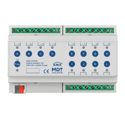 MDT Schaltaktor AKS-1210.03 KNX | 12-fach | REG 8TE | 10A | 230V AC | C-Last | getrennte L-Anschlüsse | LED | IP20