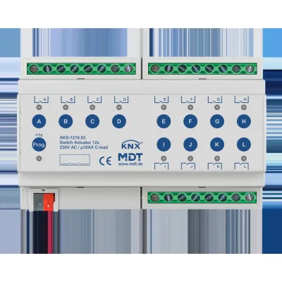 MDT Schaltaktor AKS-1216.03 | KNX 12-fach | REG 8TE | 16A | 230V AC | C-Last | LED-Kanalanzeige | Handbedienung | IP20