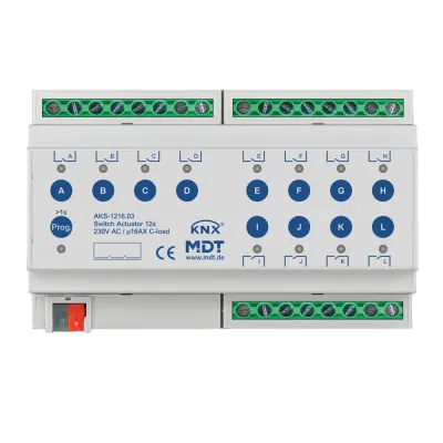 MDT Schaltaktor AKS-1216.03 | KNX 12-fach | REG 8TE | 16A | 230V AC | C-Last | LED-Kanalanzeige | Handbedienung | IP20
