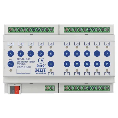 MDT Schaltaktor AKS-1616.03 KNX 16-fach | 8TE REG | 16A | 230V AC | C-Last | LED-Anzeige | Handbedienung | IP20