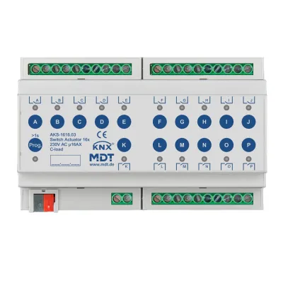 MDT Schaltaktor AKS-1616.03 KNX 16-fach | 8TE REG | 16A | 230V AC | C-Last | LED-Anzeige | Handbedienung | IP20