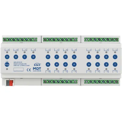 MDT Schaltaktor KNX AKS-2016.03 | 20-fach | REG 12TE | 16A | 230V AC | C-Last 140µF | Handbedienung | LED-Anzeige | IP20