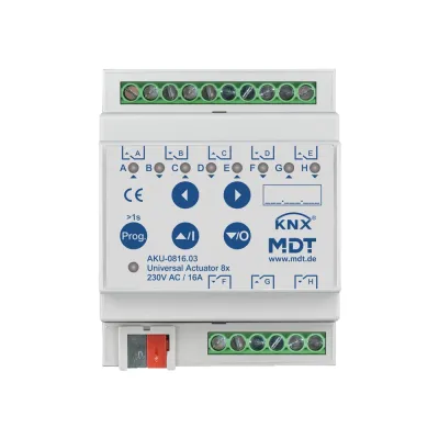 MDT Universalaktor AKU-0816.03 | KNX REG 8-fach | 4TE | 16A | 230V AC | Schalt- & Jalousieaktor | LED | Handbetrieb