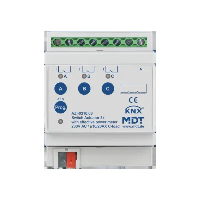 MDT Schaltaktor KNX AZI-0316.03 | 3-fach | REG 4TE | 16/20A 230V AC | Wirkleistungszähler | C-Last | max. 3680W | IP20