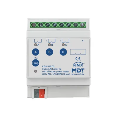 MDT Schaltaktor KNX AZI-0316.03 | 3-fach | REG 4TE | 16/20A 230V AC | Wirkleistungszähler | C-Last | max. 3680W | IP20