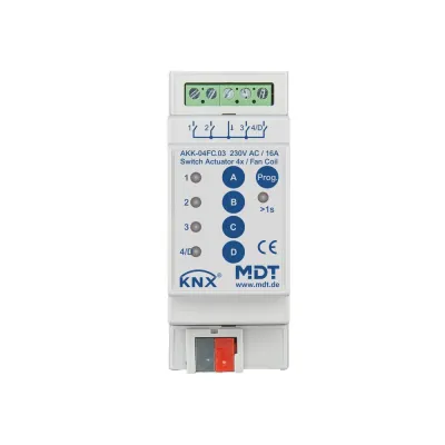 MDT Schaltaktor AKK-04FC.03 | KNX 4-fach REG | 2TE | 16A | 230V AC | Kompakt | Fan Coil | Handbedienung | LED