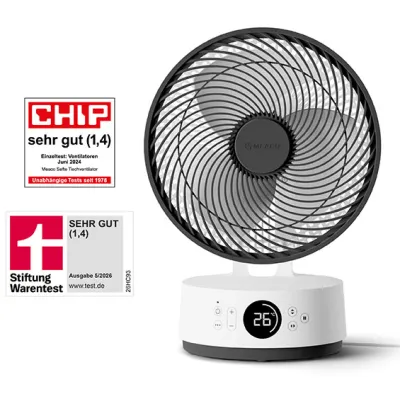 Meaco Tischventilator Sefte 10DS-EU | leise 25 dB | 1150 m³/h | 12 Stufen | Fernbedienung | schwenkbar | weiß