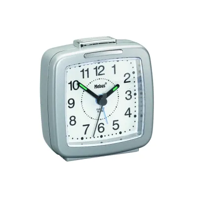 Mebus Quarzwecker 26481 | Wecker analog | mit Beleuchtung | Weckwiederholung | Leuchtzeiger | 7x7 cm | silber