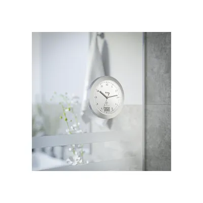 Mebus Funk-Badezimmeruhr 41124 | Wanduhr DCF77 | Innenthermometer | 17x17x6 cm | Aluminium | Feuchtraum | Silber