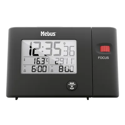 Mebus Funkwecker 25795 | Projektionsuhr digital | DCF77 Funkuhr | 2 Weckzeiten | Innenthermometer | Schwarz