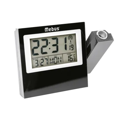 Mebus Projektionswecker Funkwecker 42424 | digitale Uhrzeit Projektion | Temperaturanzeige | Kalender | schwarz
