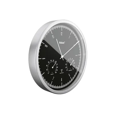 Mebus Funkwanduhr 19777 | Thermo-Hygrometer | 25 cm Rund | Leise | Aluminium-Rahmen | Schwarz Silber