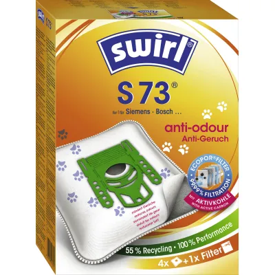 Swirl Staubsaugerbeutel S 73 | EcoPor Anti-Geruch | Filtert 99,99 % Feinstaub | 4 Stück | für Siemens & Bosch | Weiß