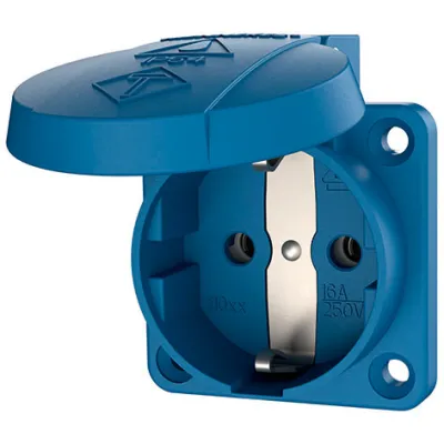 Mennekes Schuko-Anbausteckdose 11031 | 16A 2P+E 230V | IP54 | Schraubklemme | Flansch 50x50mm | Klappdeckel | blau